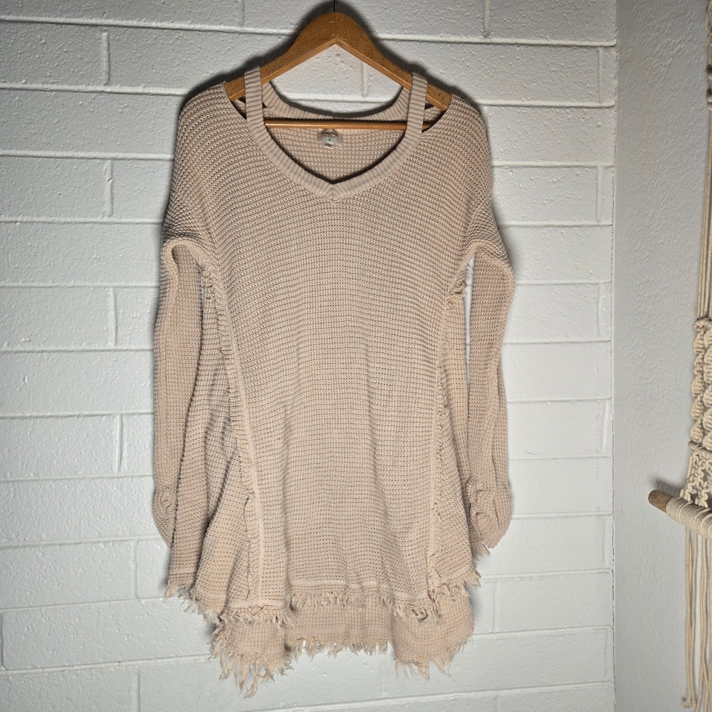 Hayden Womens Tunic Sweater Neutral 1XL Frayed Hem Waffle Knit Raw Hippie Fall